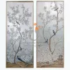 Cặp Tranh Chim Trên Cành Cây Hoa Vẽ Trên Nền Vải Bố Dát Bạc