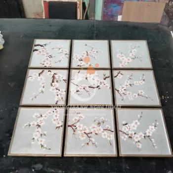 Bộ Tranh Hoa Đào 09 Tấm Vẽ Xuôi Trên nền Lá Bạc