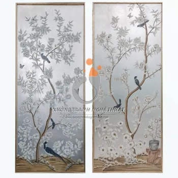 Cặp Tranh Chim Trên Cành Cây Hoa Vẽ Trên Nền Vải Bố Dát Bạc