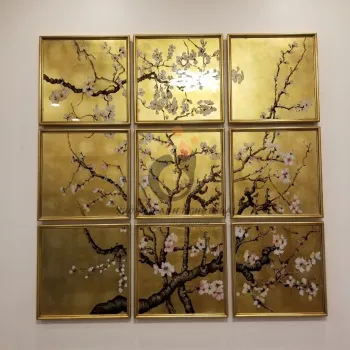 Bộ Tranh Kiếng Hoa Đào 09 Tấm Vẽ Ngược Trên Nền Đồng