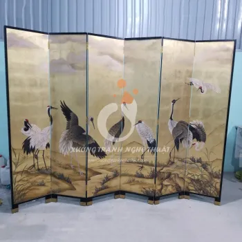 Tranh Bình Phong Vẽ Bầy Hạc Dát Lá Đồng 06 Tấm