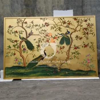 Tranh Chim Công Và Cây Lựu Đỏ Dán Lá Đồng