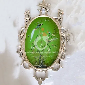 Tranh Kiếng Đôi Chim Trĩ Hình Oval Dát Bạc Nền Xanh