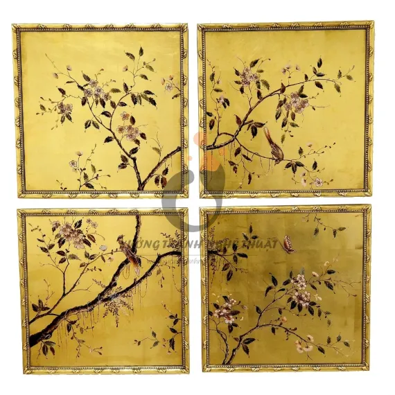 Bộ Tranh Kiếng 4 Tấm Vẽ Ngược Trên Nền Đồng