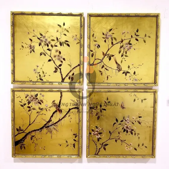 Bộ Tranh Kiếng 4 Tấm Vẽ Ngược Trên Nền Đồng
