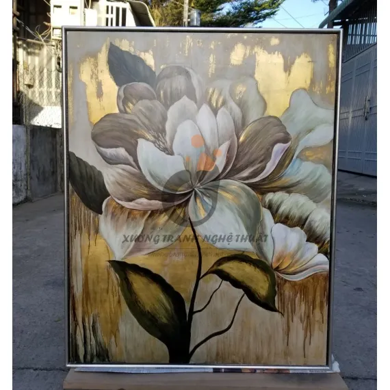 Tranh Hoa Mẫu Đơn Vẽ Xuôi Dát Lá Đồng