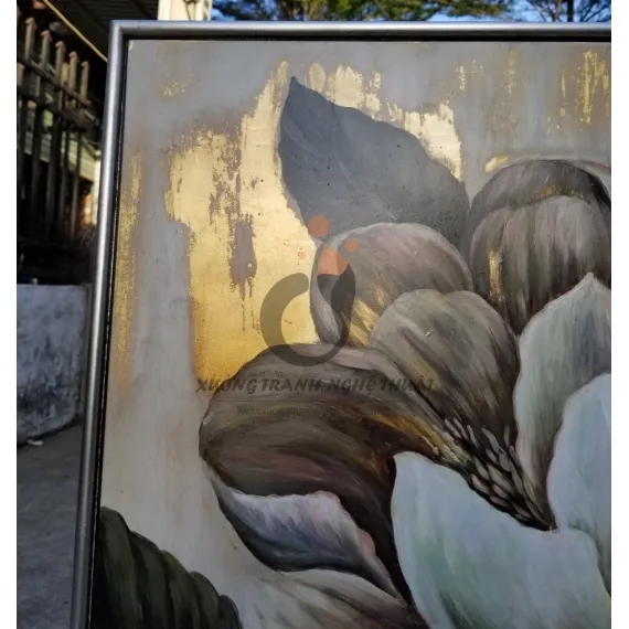 Tranh Hoa Mẫu Đơn Vẽ Xuôi Dát Lá Đồng