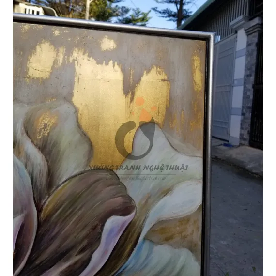 Tranh Hoa Mẫu Đơn Vẽ Xuôi Dát Lá Đồng