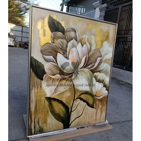 Tranh Hoa Mẫu Đơn Vẽ Xuôi Dát Lá Đồng