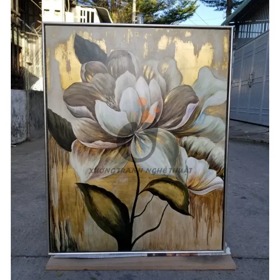 Tranh Hoa Mẫu Đơn Vẽ Xuôi Dát Lá Đồng
