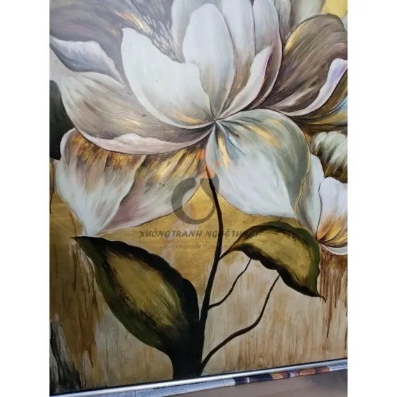 Tranh Hoa Mẫu Đơn Vẽ Xuôi Dát Lá Đồng