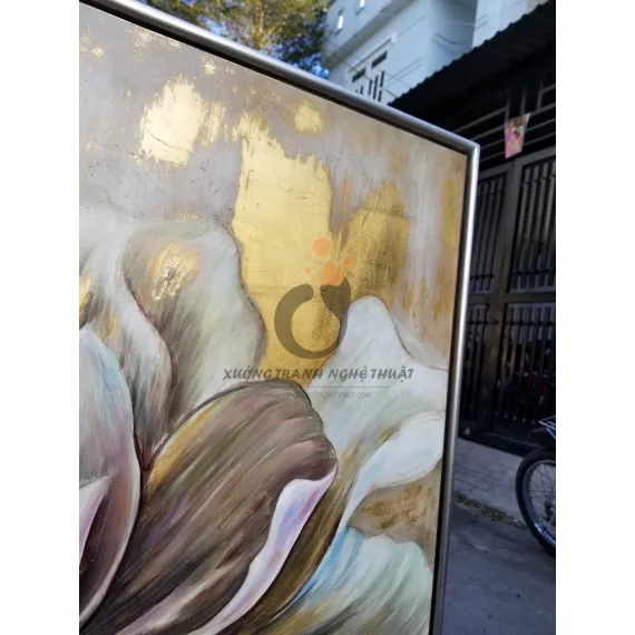 Tranh Hoa Mẫu Đơn Vẽ Xuôi Dát Lá Đồng