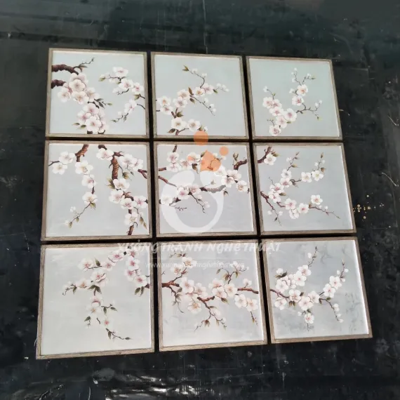 Bộ Tranh Hoa Đào 09 Tấm Vẽ Xuôi Trên nền Lá Bạc