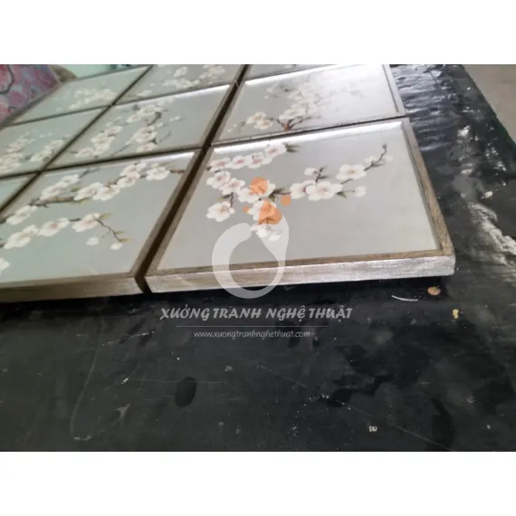 Bộ Tranh Hoa Đào 09 Tấm Vẽ Xuôi Trên nền Lá Bạc