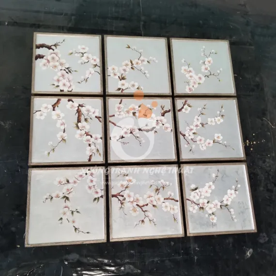 Bộ Tranh Hoa Đào 09 Tấm Vẽ Xuôi Trên nền Lá Bạc