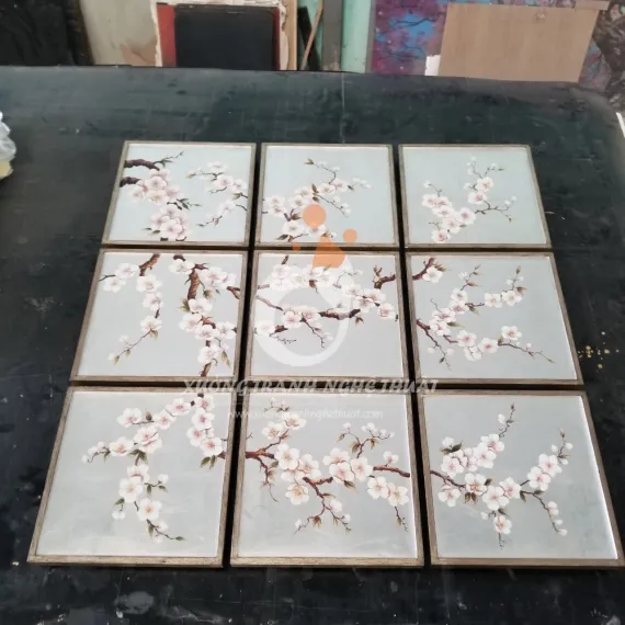 Bộ Tranh Hoa Đào 09 Tấm Vẽ Xuôi Trên nền Lá Bạc