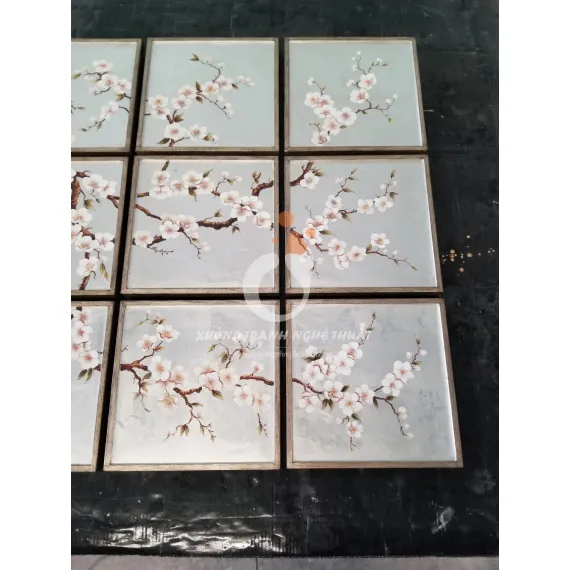 Bộ Tranh Hoa Đào 09 Tấm Vẽ Xuôi Trên nền Lá Bạc