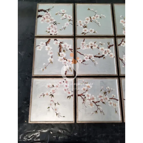 Bộ Tranh Hoa Đào 09 Tấm Vẽ Xuôi Trên nền Lá Bạc