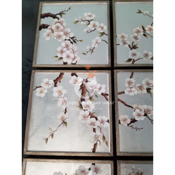 Bộ Tranh Hoa Đào 09 Tấm Vẽ Xuôi Trên nền Lá Bạc