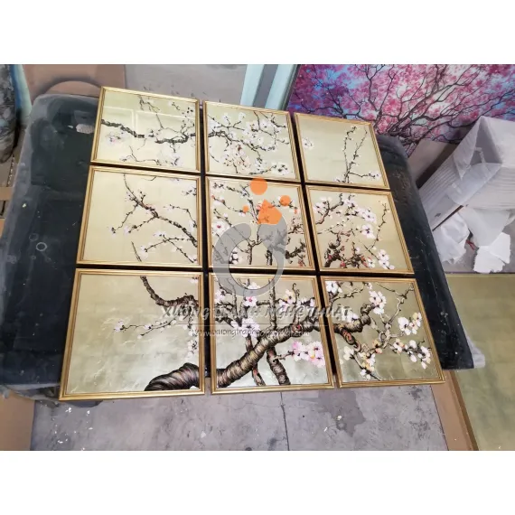 Bộ Tranh Kiếng Hoa Đào 09 Tấm Vẽ Ngược Trên Nền Đồng Bộ Tranh Kiếng Hoa Đào 09 Tấm Vẽ Ngược Trên Nền Đồng