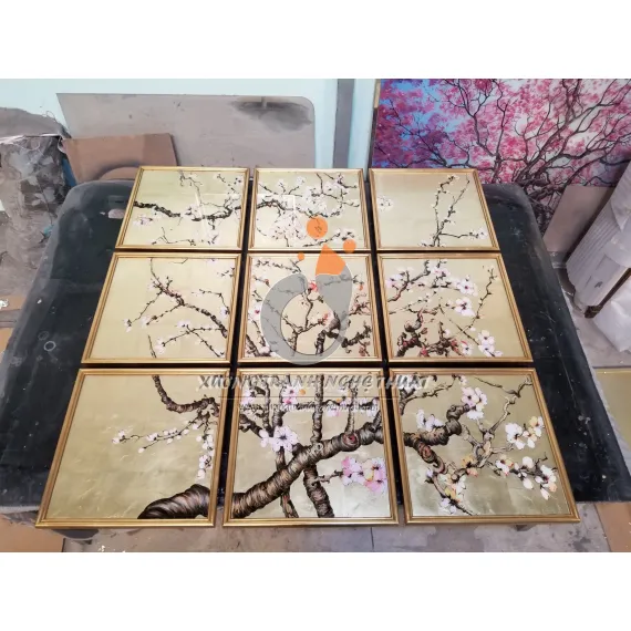 Bộ Tranh Kiếng Hoa Đào 09 Tấm Vẽ Ngược Trên Nền Đồng Bộ Tranh Kiếng Hoa Đào 09 Tấm Vẽ Ngược Trên Nền Đồng