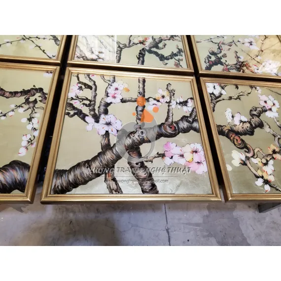 Bộ Tranh Kiếng Hoa Đào 09 Tấm Vẽ Ngược Trên Nền Đồng Bộ Tranh Kiếng Hoa Đào 09 Tấm Vẽ Ngược Trên Nền Đồng