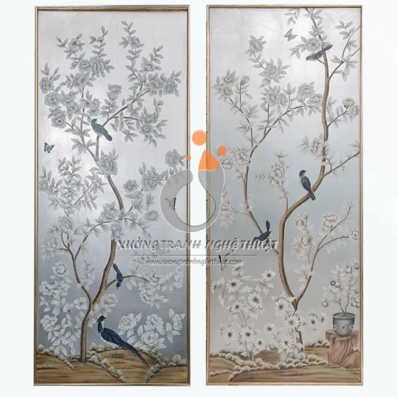 Cặp Tranh Chim Trên Cành Cây Hoa Vẽ Trên Nền Vải Bố Dát Bạc