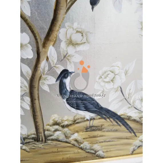 Cặp Tranh Chim Trên Cành Cây Hoa Vẽ Trên Nền Vải Bố Dát Bạc