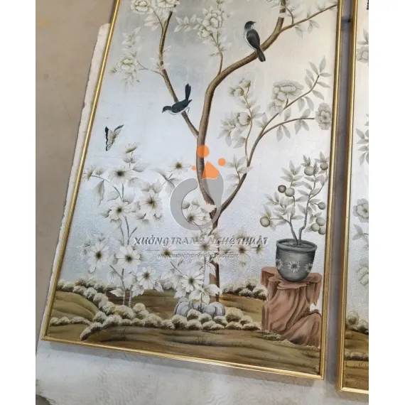 Cặp Tranh Chim Trên Cành Cây Hoa Vẽ Trên Nền Vải Bố Dát Bạc