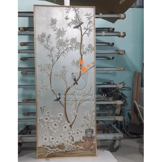 Cặp Tranh Chim Trên Cành Cây Hoa Vẽ Trên Nền Vải Bố Dát Bạc