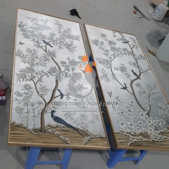 Cặp Tranh Chim Trên Cành Cây Hoa Vẽ Trên Nền Vải Bố Dát Bạc