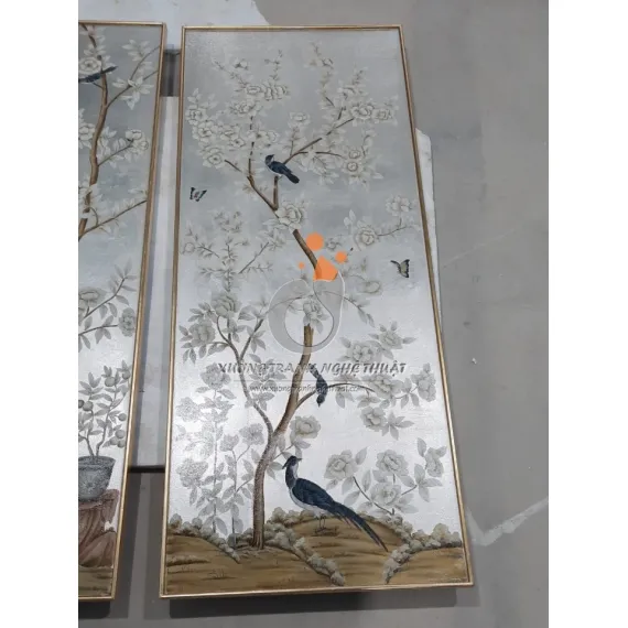 Cặp Tranh Chim Trên Cành Cây Hoa Vẽ Trên Nền Vải Bố Dát Bạc