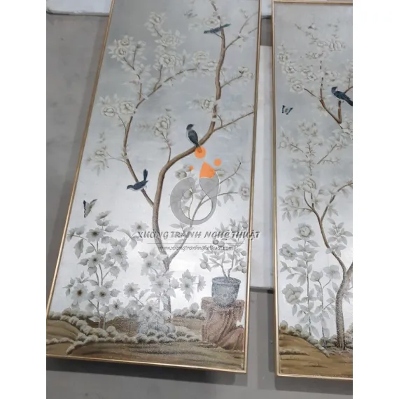 Cặp Tranh Chim Trên Cành Cây Hoa Vẽ Trên Nền Vải Bố Dát Bạc