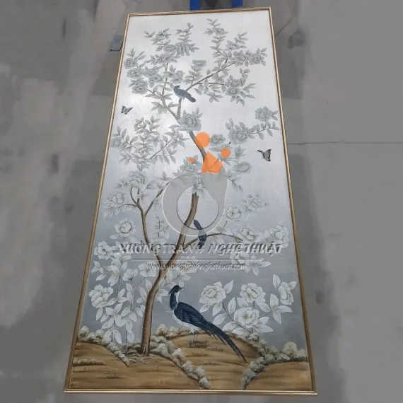 Cặp Tranh Chim Trên Cành Cây Hoa Vẽ Trên Nền Vải Bố Dát Bạc
