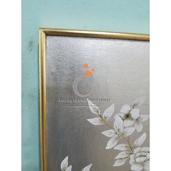 Cặp Tranh Chim Trên Cành Cây Hoa Vẽ Trên Nền Vải Bố Dát Bạc