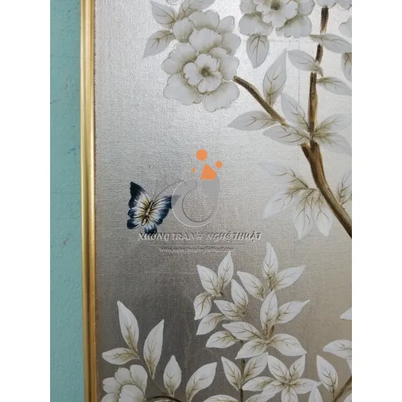 Cặp Tranh Chim Trên Cành Cây Hoa Vẽ Trên Nền Vải Bố Dát Bạc