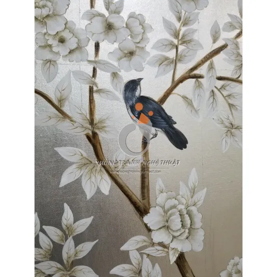 Cặp Tranh Chim Trên Cành Cây Hoa Vẽ Trên Nền Vải Bố Dát Bạc
