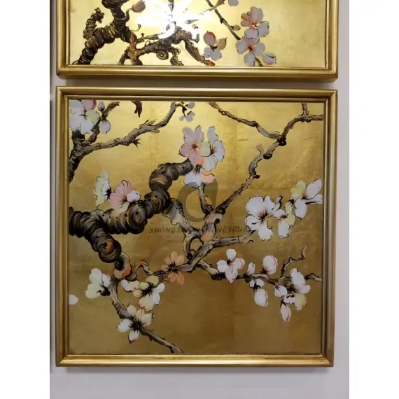 Bộ Tranh Kiếng Hoa Đào 09 Tấm Vẽ Ngược Trên Nền Đồng Bộ Tranh Kiếng Hoa Đào 09 Tấm Vẽ Ngược Trên Nền Đồng