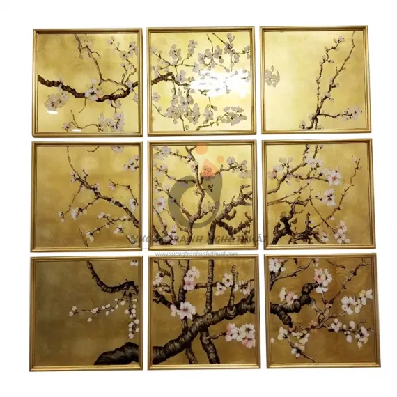 Bộ Tranh Kiếng Hoa Đào 09 Tấm Vẽ Ngược Trên Nền Đồng Bộ Tranh Kiếng Hoa Đào 09 Tấm Vẽ Ngược Trên Nền Đồng