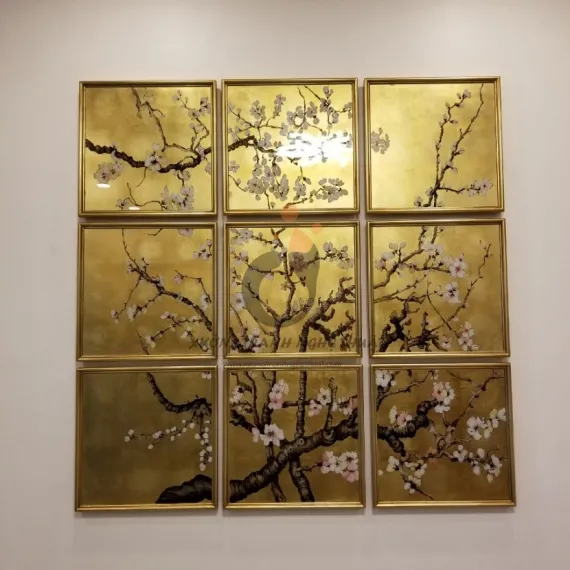 Bộ Tranh Kiếng Hoa Đào 09 Tấm Vẽ Ngược Trên Nền Đồng Bộ Tranh Kiếng Hoa Đào 09 Tấm Vẽ Ngược Trên Nền Đồng