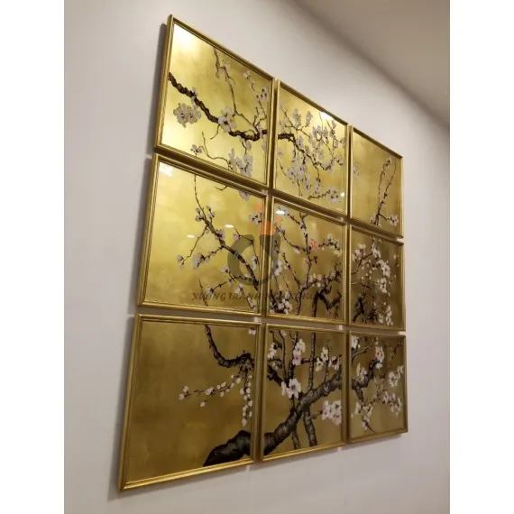 Bộ Tranh Kiếng Hoa Đào 09 Tấm Vẽ Ngược Trên Nền Đồng Bộ Tranh Kiếng Hoa Đào 09 Tấm Vẽ Ngược Trên Nền Đồng