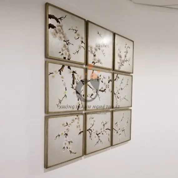 Bộ Tranh Hoa Đào 09 Tấm Vẽ Xuôi Trên nền Lá Bạc