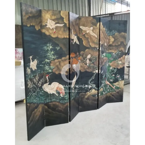 Tranh Bình Phong 06 Tấm Vẽ Bầy Hạc Trên Nền Vải Bố