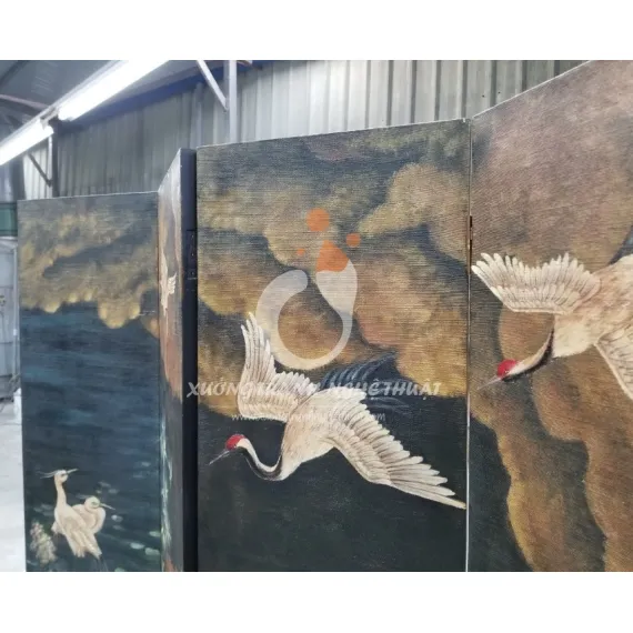 Tranh Bình Phong 06 Tấm Vẽ Bầy Hạc Trên Nền Vải Bố