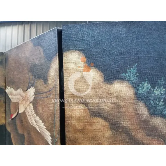 Tranh Bình Phong 06 Tấm Vẽ Bầy Hạc Trên Nền Vải Bố