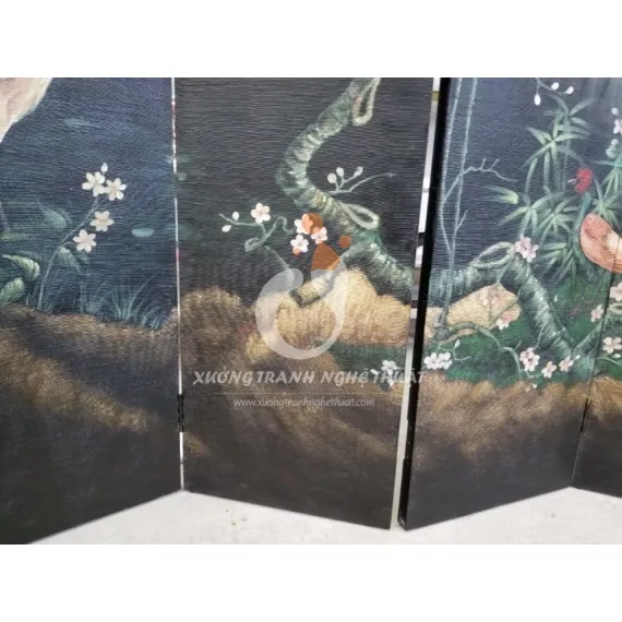Tranh Bình Phong 06 Tấm Vẽ Bầy Hạc Trên Nền Vải Bố