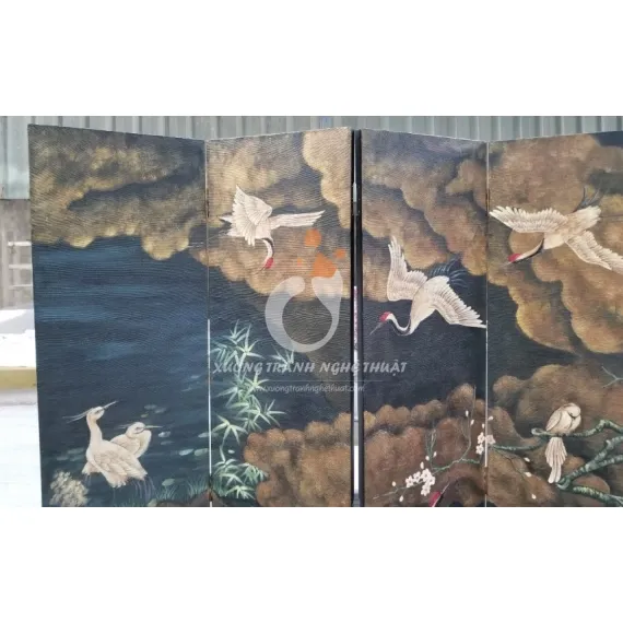 Tranh Bình Phong 06 Tấm Vẽ Bầy Hạc Trên Nền Vải Bố