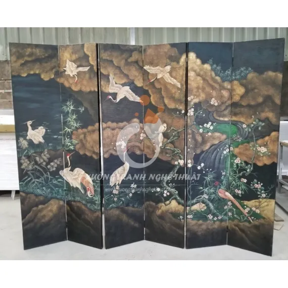 Tranh Bình Phong 06 Tấm Vẽ Bầy Hạc Trên Nền Vải Bố