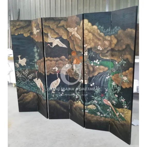 Tranh Bình Phong 06 Tấm Vẽ Bầy Hạc Trên Nền Vải Bố
