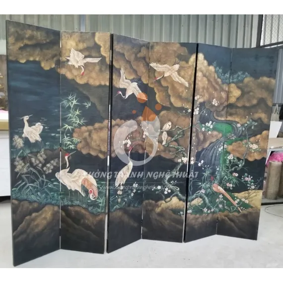 Tranh Bình Phong 06 Tấm Vẽ Bầy Hạc Trên Nền Vải Bố
